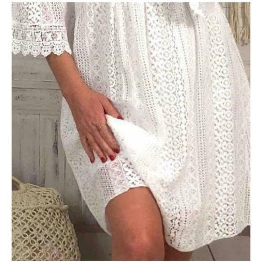 Heidi Mode | V-Ausschnitt hohle Spitze Horn Ärmel Kleid Rock