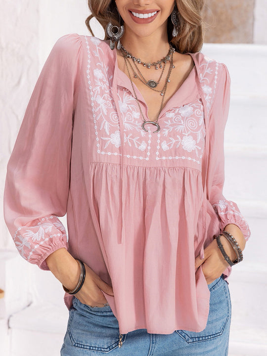 Heidi-Mode | Florale Bindekragen Bluse mit Ballonärmeln