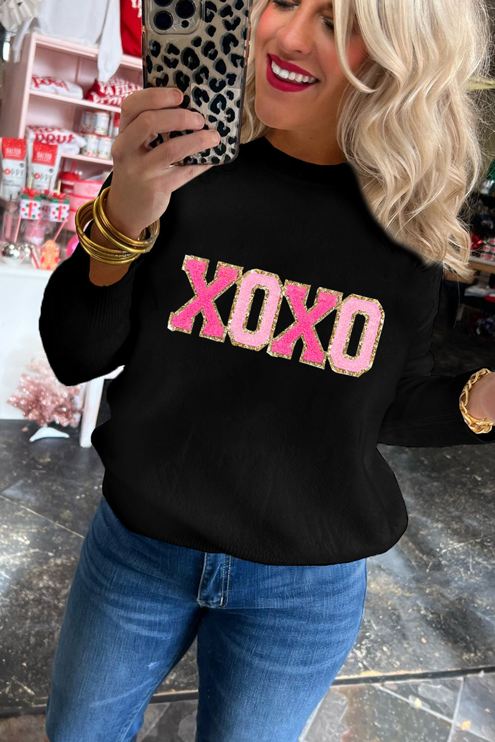 Xoxo Glitter Print Rundhalsausschnitt Casual Pullover