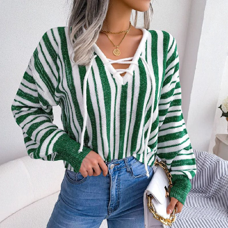 Heidi-Mode | Sweater Damen V-Ausschnitt Gestreifter Pullover
