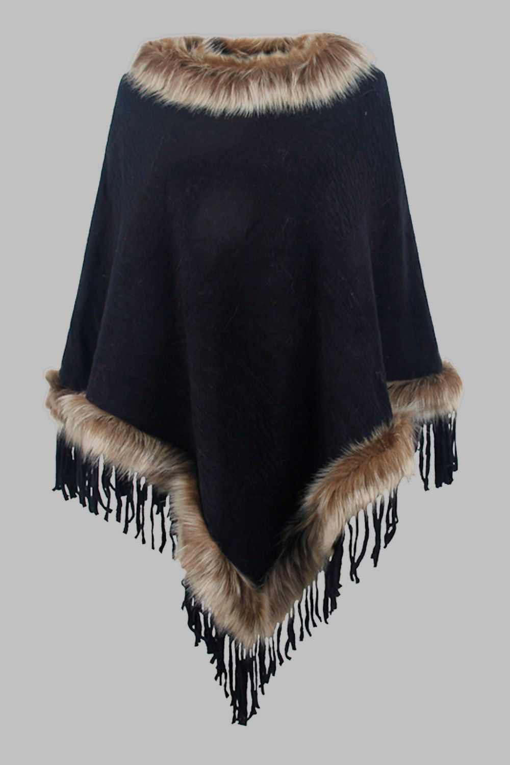 Heidi-Mode | Damen Fransen-Poncho mit Kunstfellbesatz
