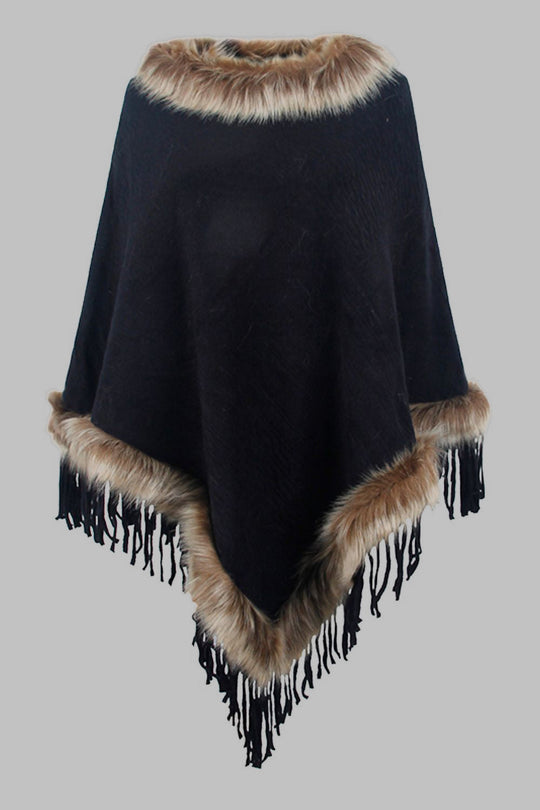 Heidi-Mode | Damen Fransen-Poncho mit Kunstfellbesatz