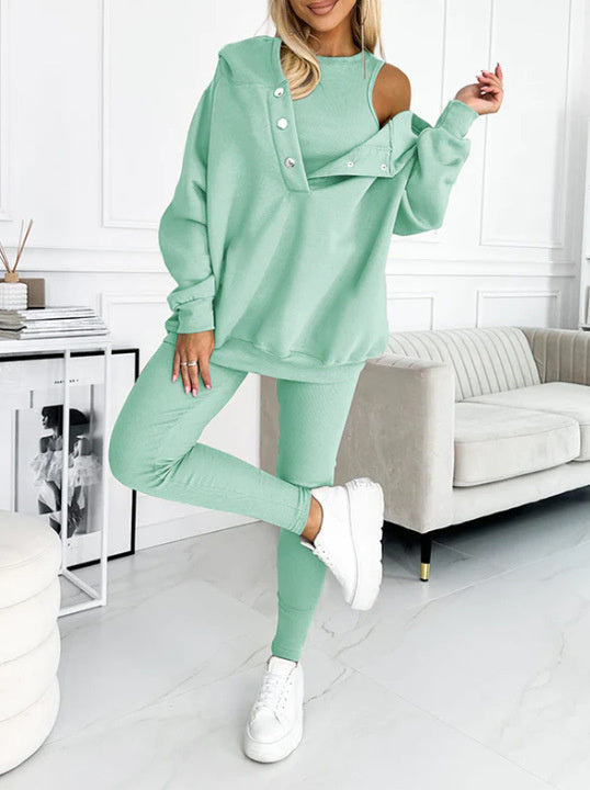 Heidi-Mode | 3-Teiliger Damen Sportanzug Lockere Kapuzenpullover Slim Hosen