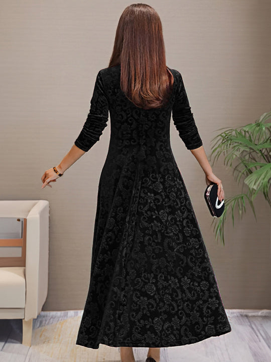 Heidi-Mode | Stilvolles Samtkleid mit Blumenmuster, V-Ausschnitt und Langen Ärmeln für Damen Ideal für Den Sommer