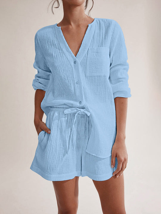 Heidi-Mode | Notched Langarm-Top und Shorts-Set