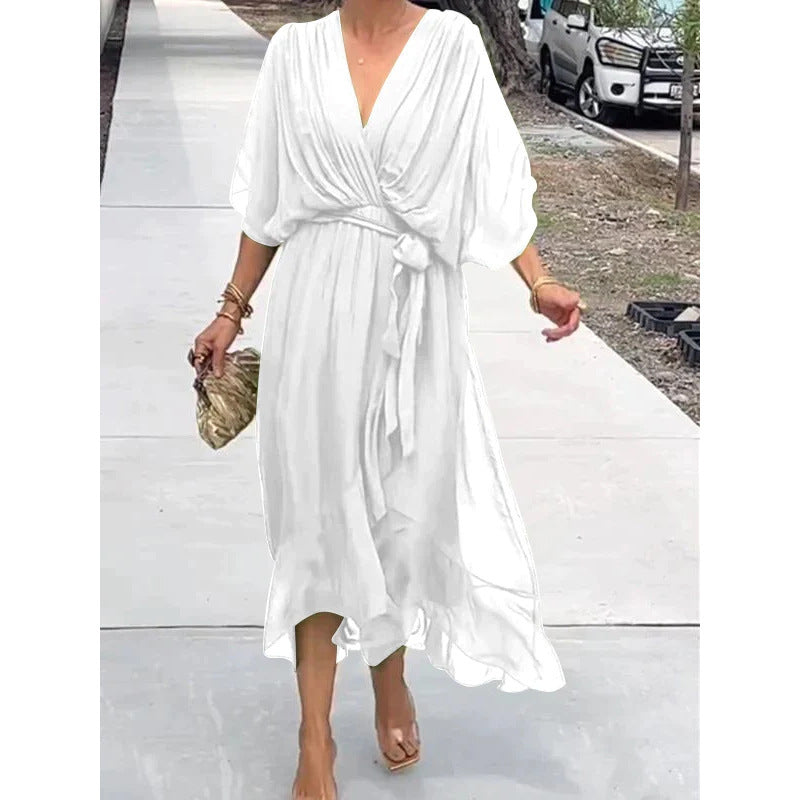 Heidi-Mode | V-Ausschnitt Sommerkleid mit Fledermausärmeln Im Unifarben Design