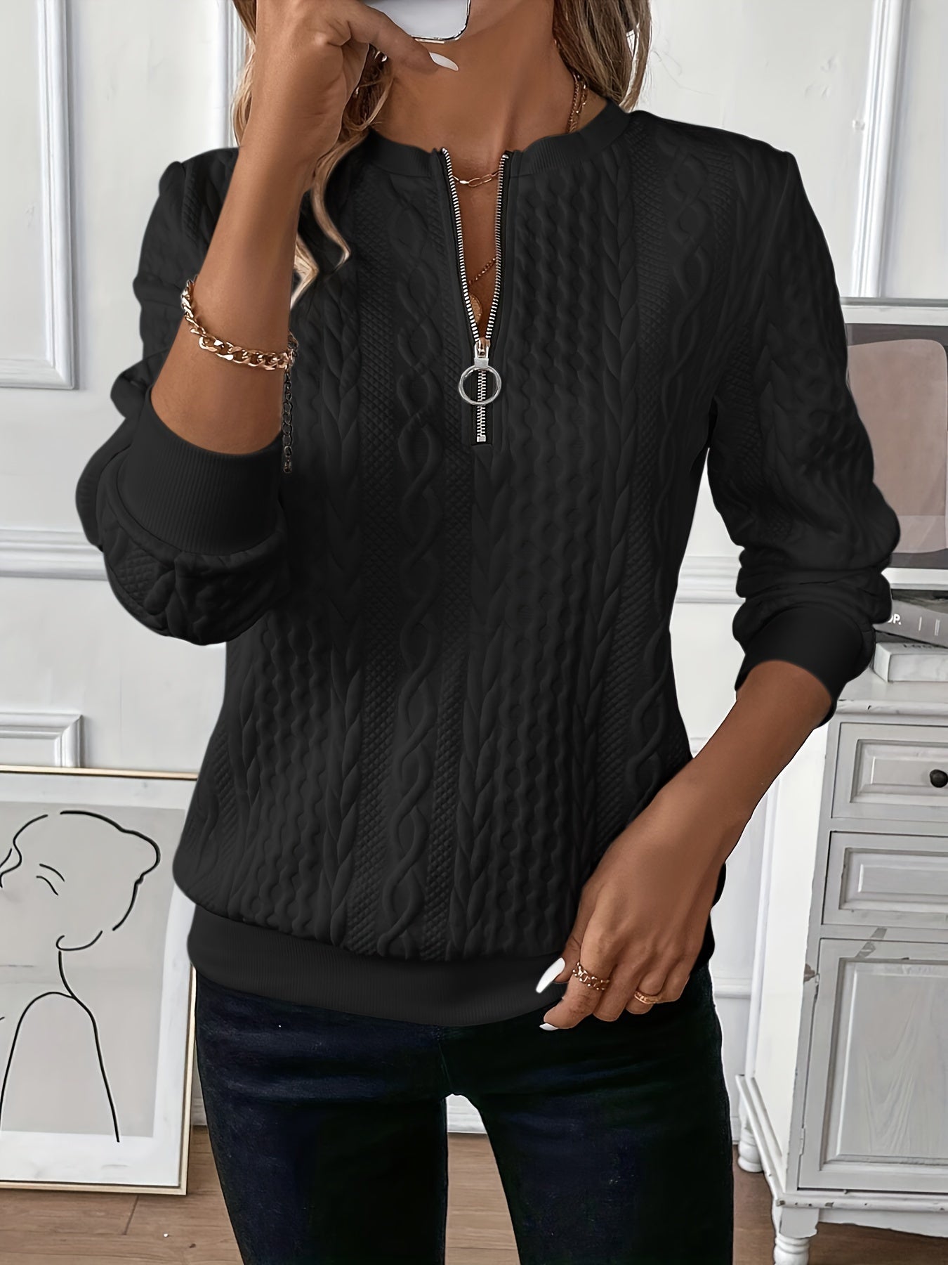 Heidi-Mode | Damen Strukturiertes Lässiges Halbzip Sweatshirt (Herbst)