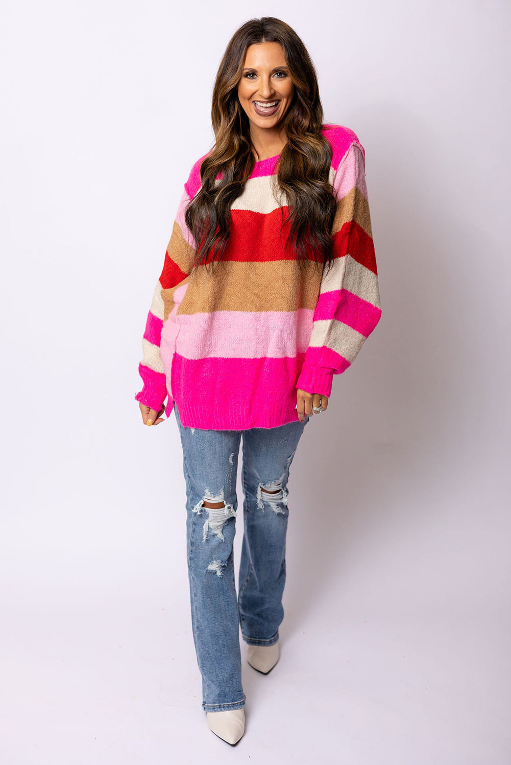 Roter Mix Horizon Stripes Pullover Mit Dolman-Ärmeln