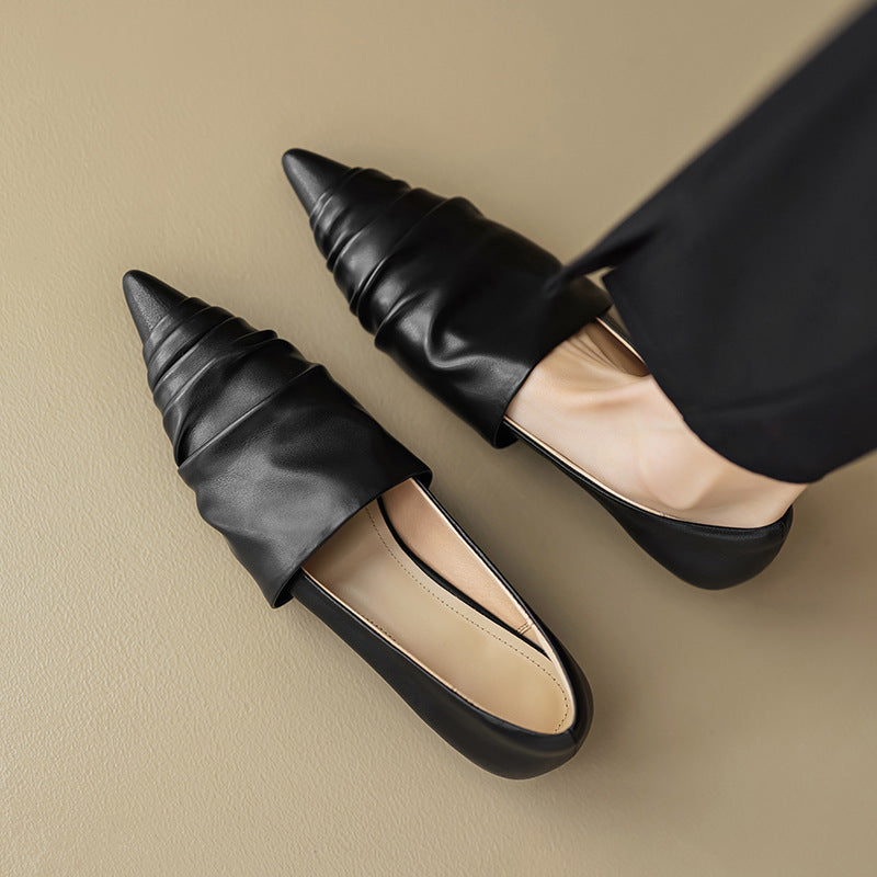 Heidi-Mode | Spitzenzehen Niedriger Absatz Flache Schuhe Schwarz Cremegelb Weiß