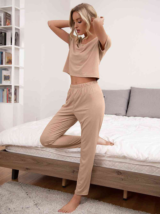 Heidi-Mode | Rundhals Kurze Ärmel Oberteil und Hose Lounge Set