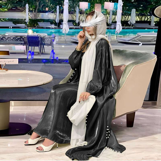 Heidi-Mode | 2 Teile Set Satin Perlen Muslimische Frauen Offene Abaya Kleid mit Innentop Ärmeloses Kleid