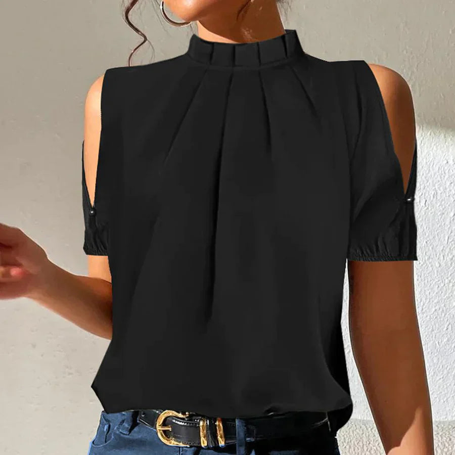 Heidi-Mode | Top Schwarz Plissé mit Gekürzten Ärmeln, Schick und Elegant