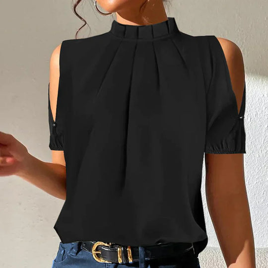 Heidi-Mode | Top Schwarz Plissé mit Gekürzten Ärmeln, Schick und Elegant