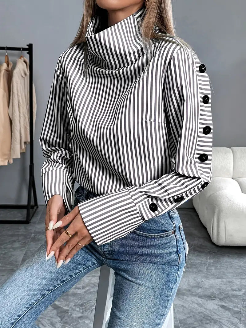 Heidi-Mode | Gestreifte Bluse mit Hohem Kragen