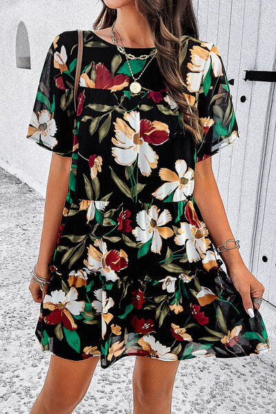 Heidi-Mode | Gedrucktes Gestuftes Rundhals-Minikleid