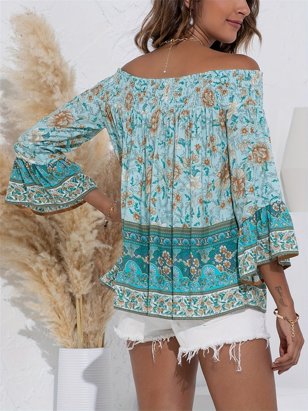 Heidi-Mode | Schulterfreie Bluse mit Blumenmuster für Damen