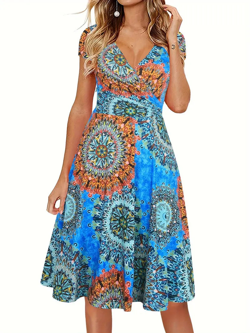 Blumen Print Kurzärmeliges Damen Kleid
