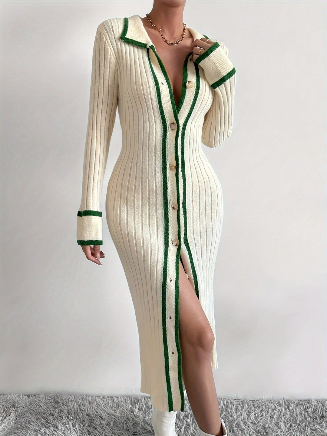 Heidi-Mode | Kontrastierende Verzierung und Knopfleiste Vorne, Elegantes, Schmales Kleid mit Langem Kragen für Frühling und Herbst, Damenbekleidung