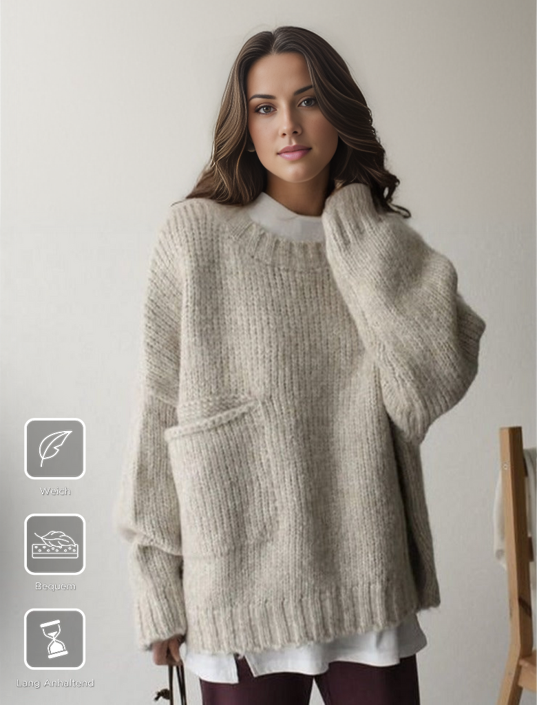 Oversize Pullover mit elfenbeinfarbener Taschenfront