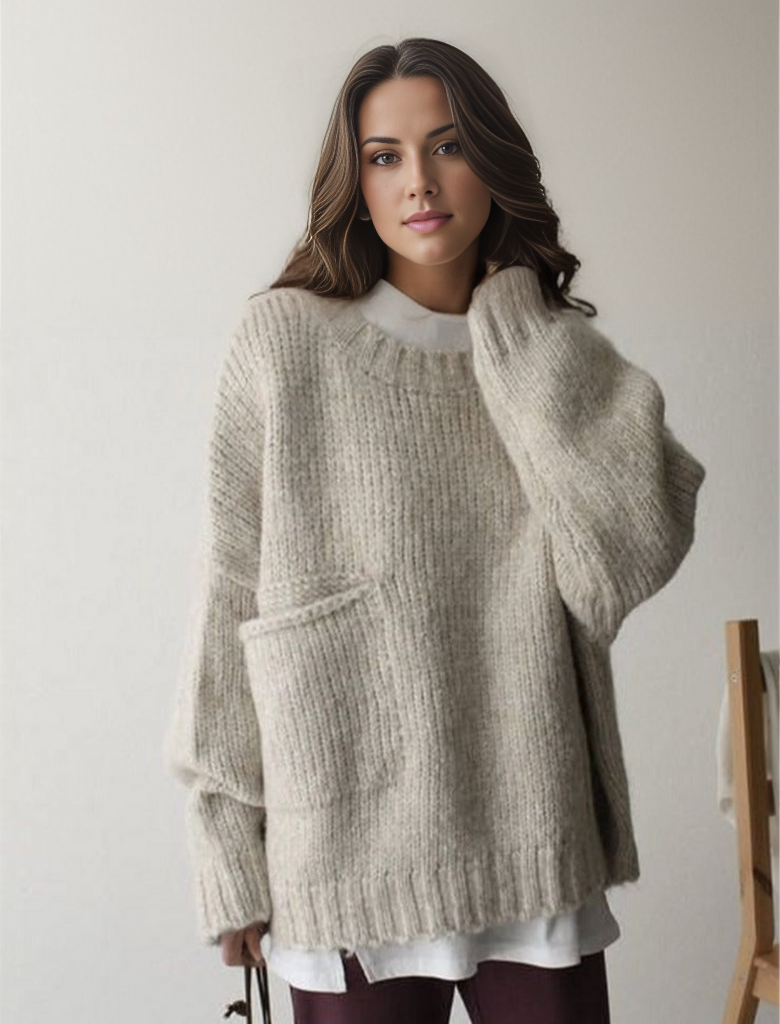 Oversize Pullover mit elfenbeinfarbener Taschenfront