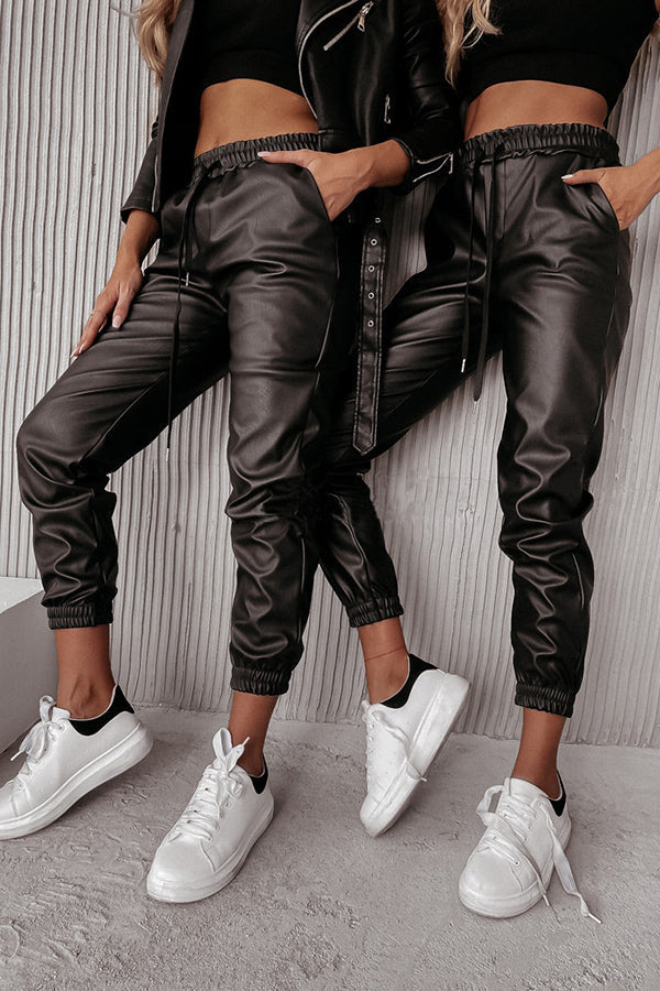 Heidi-Mode | Drasilla Faux Leder Elastischer Bund Taschen Jogger