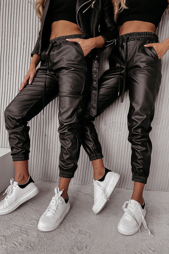 Heidi-Mode | Drasilla Faux Leder Elastischer Bund Taschen Jogger