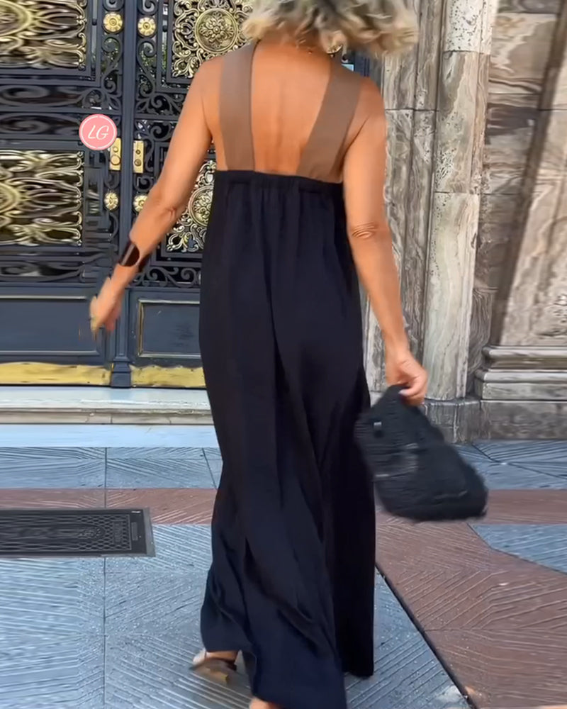 Heidi-Mode | Kreuzförmig Rückenfreies Elegantes Kleid mit Kontrastfarbe
