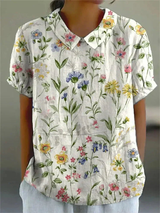 Heidi-Mode | Kurzarm Bluse mit floralem Muster und Kragen