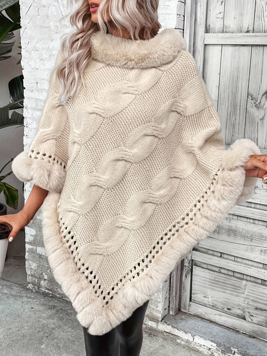 Heidi-Mode | Poncho mit Kunstpelzrand und Grobstrickmuster Acryl Elegant und Warm