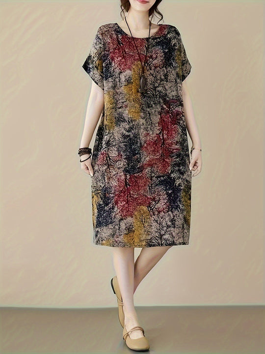 Heidi-Mode | Leinen Kleid Übergröße mit Muster und Tasche