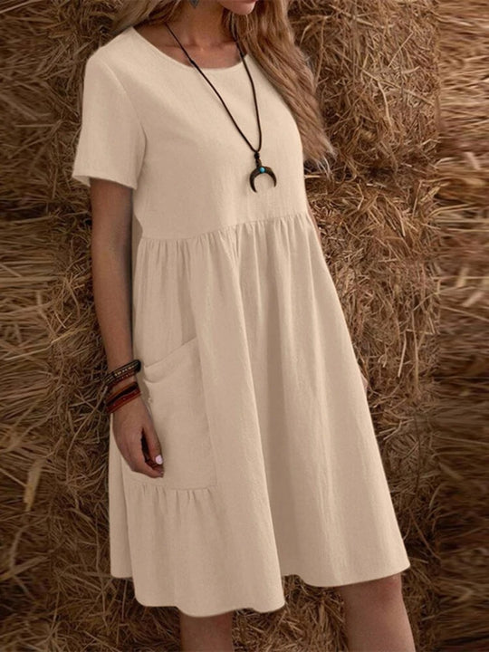 Heidi Mode | Lose Tasche einfarbig Rundhalsausschnitt Kleid