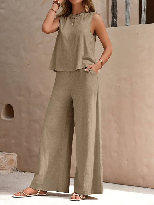 Heidi – elegantes set aus ärmellosem tanktop und hose mit weitem bein