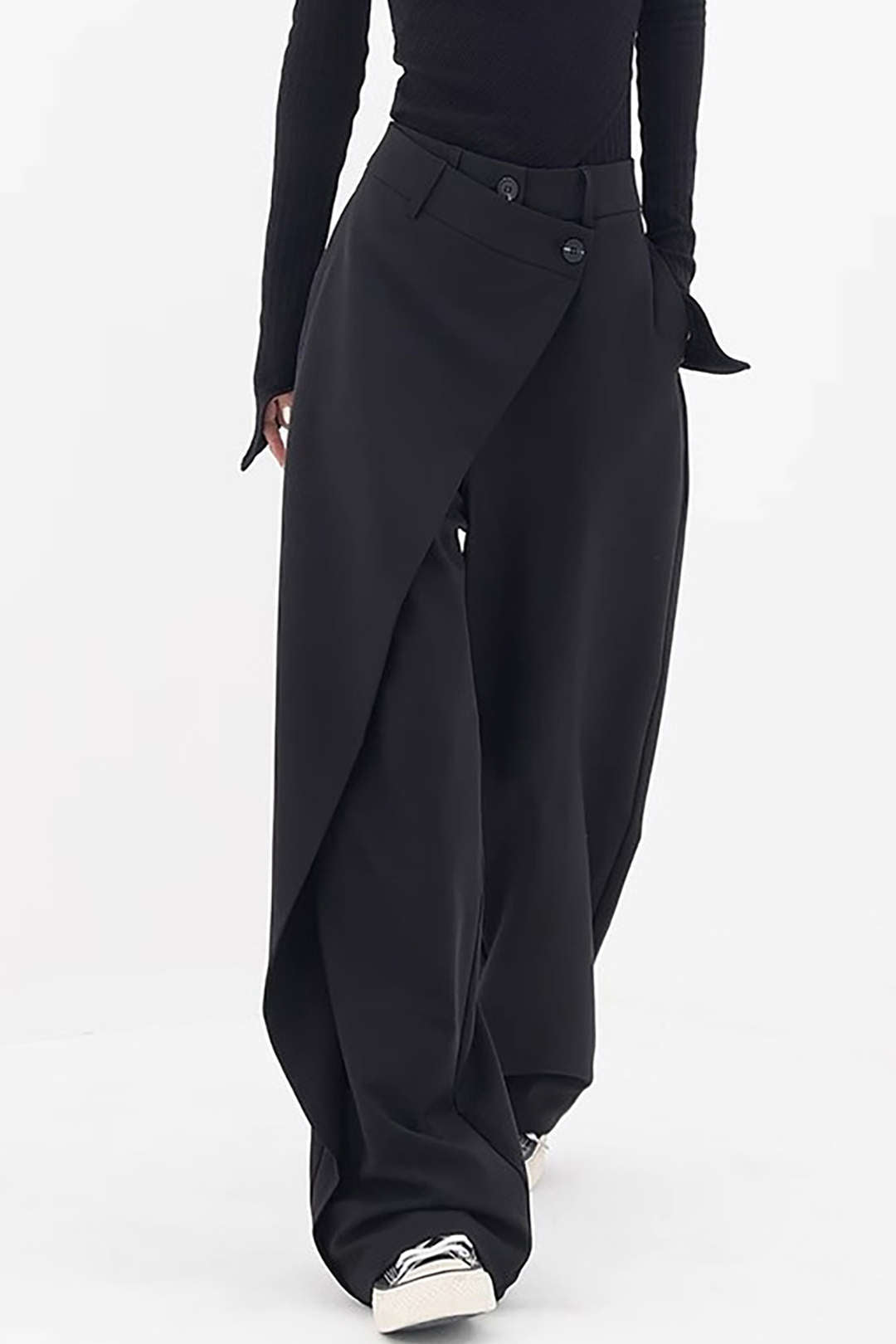 Heidi-Mode | Schwarze Drapierte Wickel Hosen Mit Geradem Bein