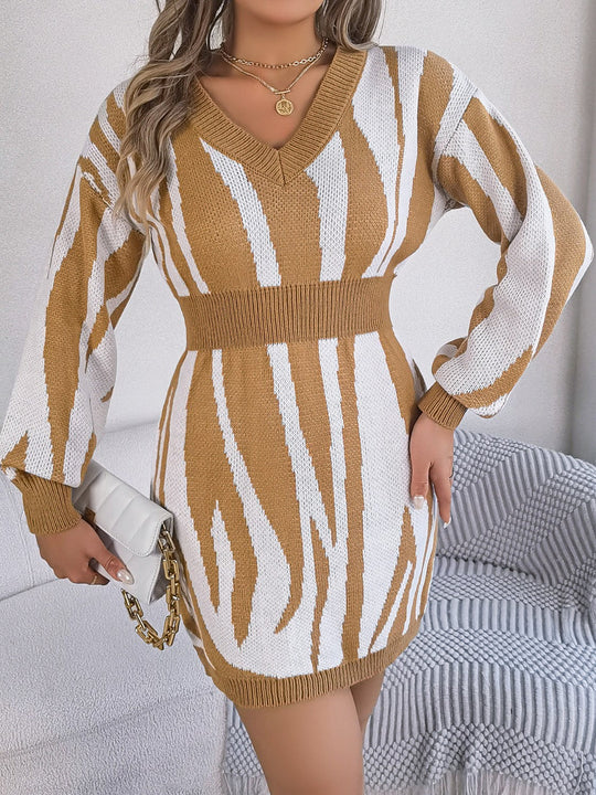 Heidi-Mode | Rüschen Druck V-Ausschnitt Langarm Pullover Kleid