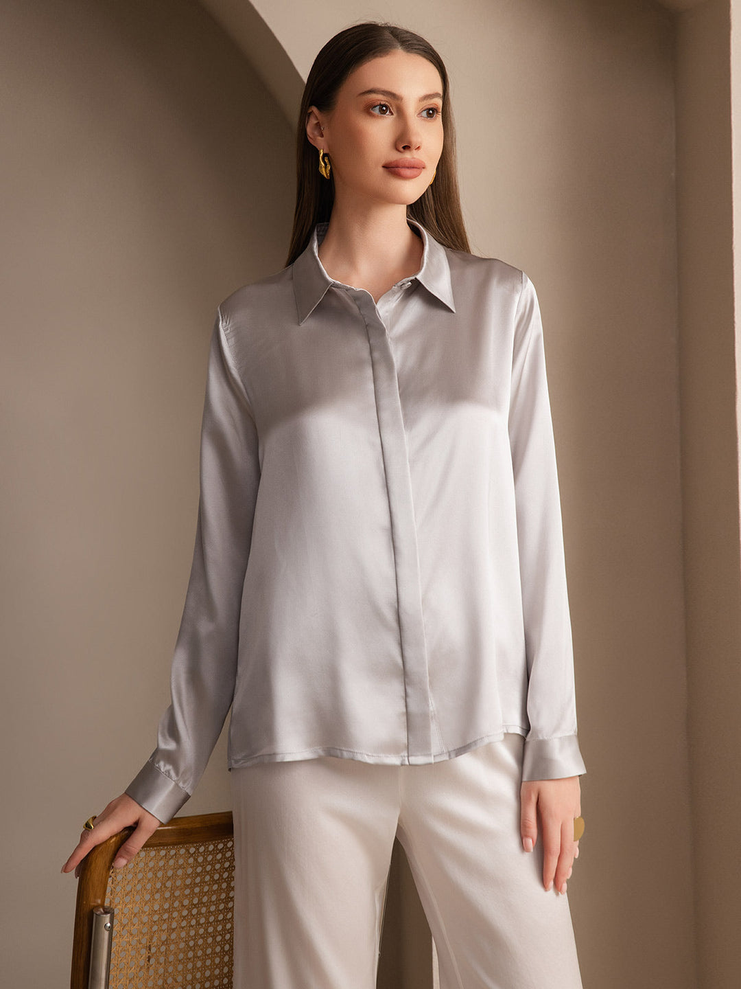 Heidi-Mode | Damen Klassische Seide Langarmshirt