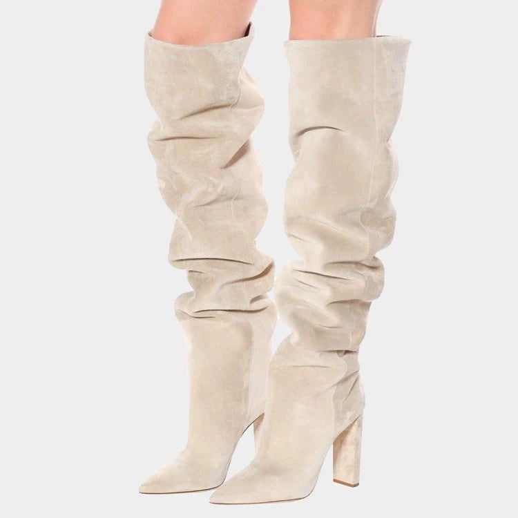 Heidi-Mode | Damen Matte Über Das Knie Dicke Absatz Hohe Stiefel Plissierte Stiefel