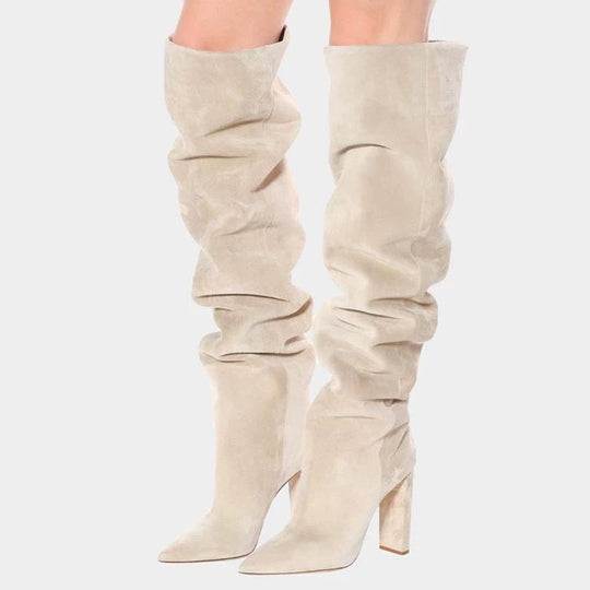 Heidi-Mode | Damen Matte Über Das Knie Dicke Absatz Hohe Stiefel Plissierte Stiefel