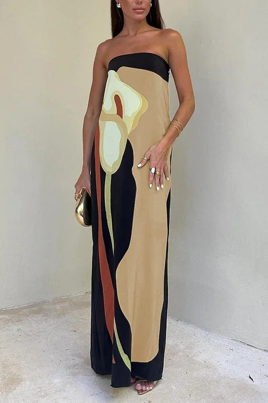 Heidi-Mode | Jaime Abstrakter Floralprint Elastischer Off-Shoulder Urlaub Locker Maxi Kleid