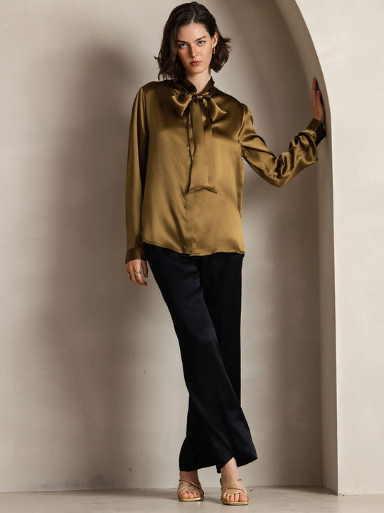 Heidi-Mode | Damen Elegante Seidenbluse mit Schlipskragen und Langen Ärmeln