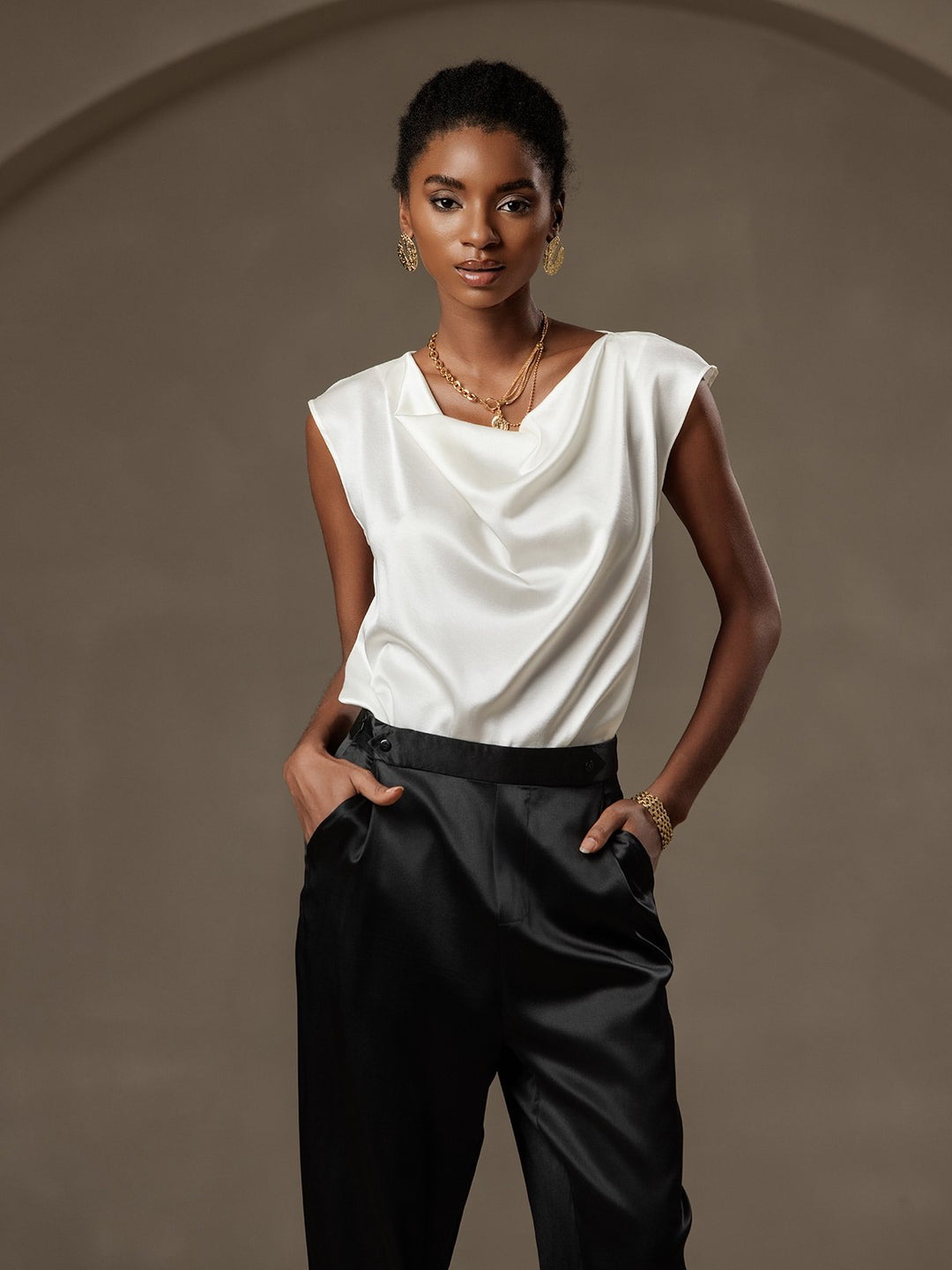 Heidi-Mode | Seiden Kappenärmel Halskragen Tanktop Bluse