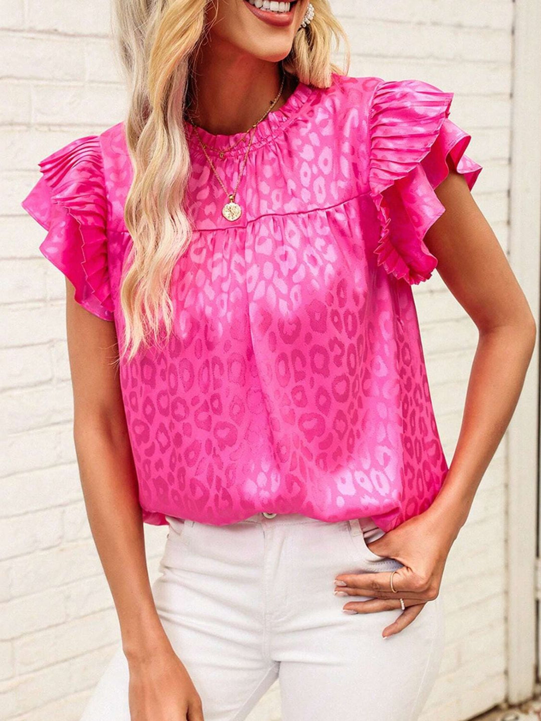 Heidi-Mode | Leopard Frill Mock Neck Rüschenshirt mit Cap Sleeves