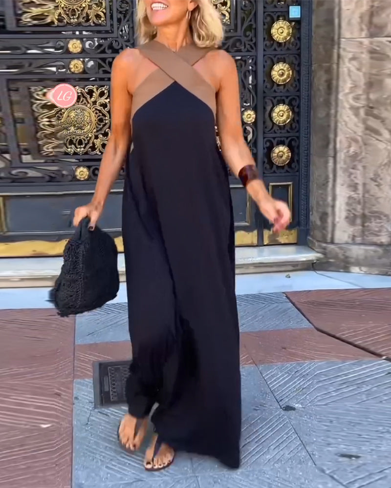 Heidi-Mode | Kreuzförmig Rückenfreies Elegantes Kleid mit Kontrastfarbe