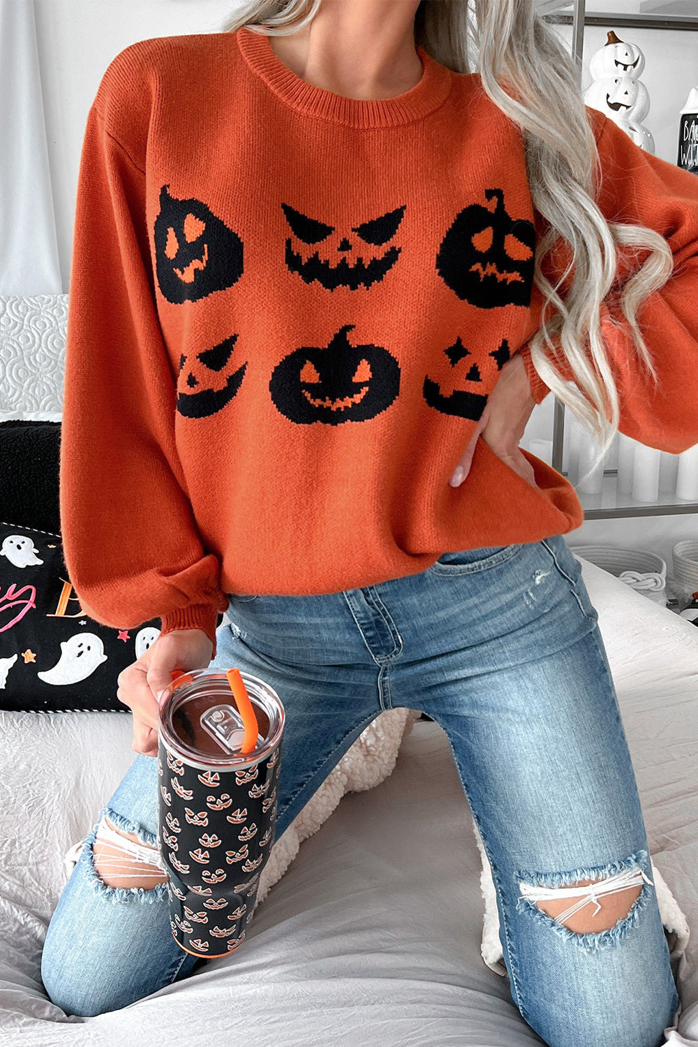 Halloween Kürbis Gesicht Muster Drop Shoulder Pullover