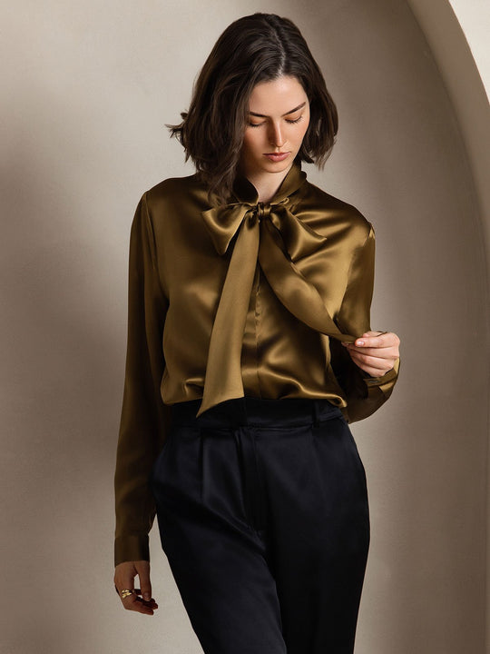 Heidi-Mode | Damen Elegante Seidenbluse mit Schlipskragen und Langen Ärmeln