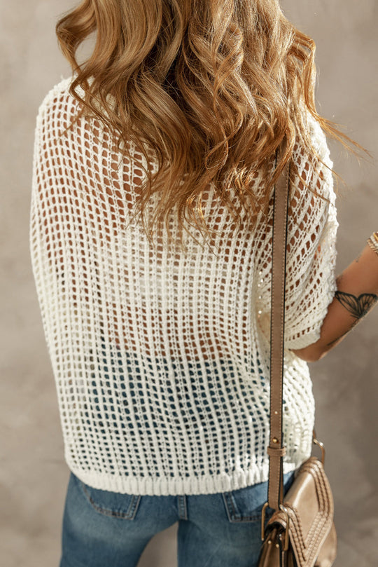 Fishnet Knit Ribbed Runde Hals Kurzarm Pullover Tee