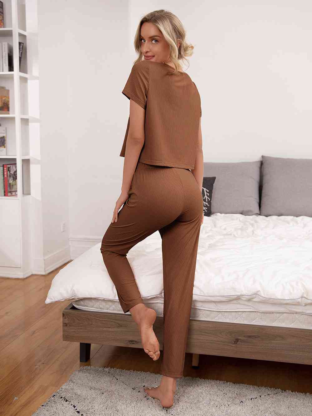 Heidi-Mode | Rundhals Kurze Ärmel Oberteil und Hose Lounge Set