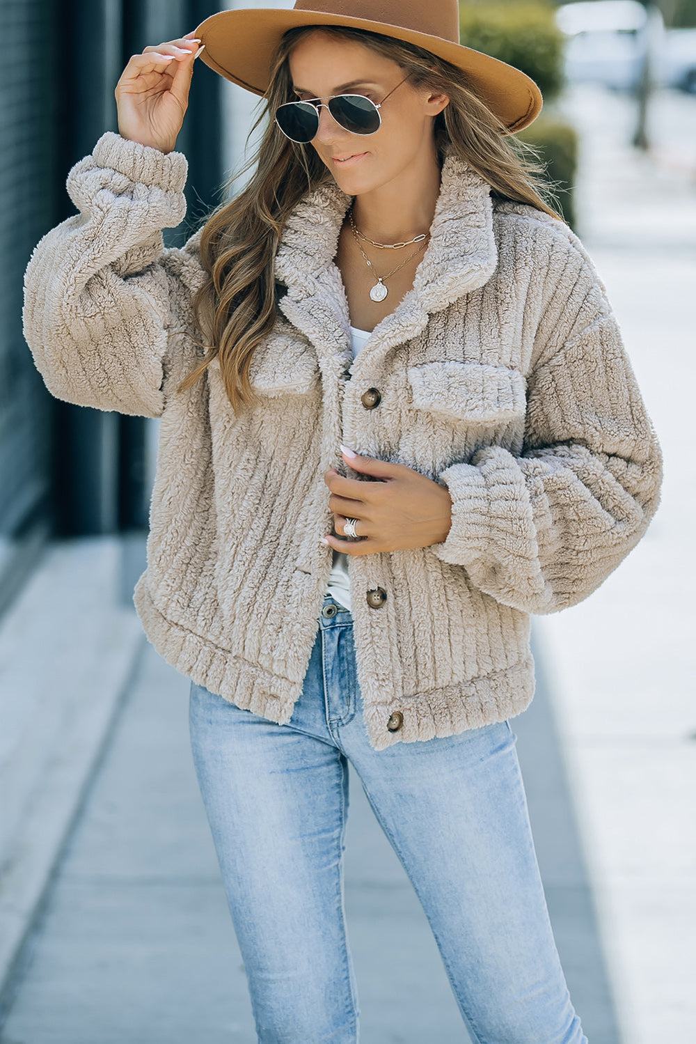 Unifarbene Plüsch Fleece Jacke Mit Knopfleiste