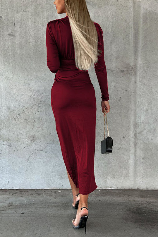 Heidi-Mode | Novakiki Hey Bella V-Ausschnitt Rüsch Bodycon Midi Kleid