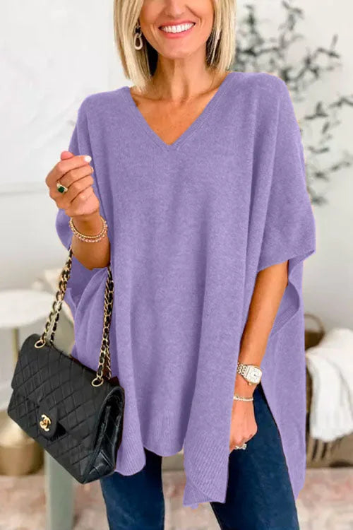Heidi-Mode | V-Ausschnitt Poncho Pullover mit elegantem lockeren Schnitt