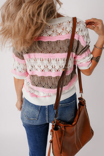 Stripe Color Block Hollow Out Crochet Half Sleeve Pullover